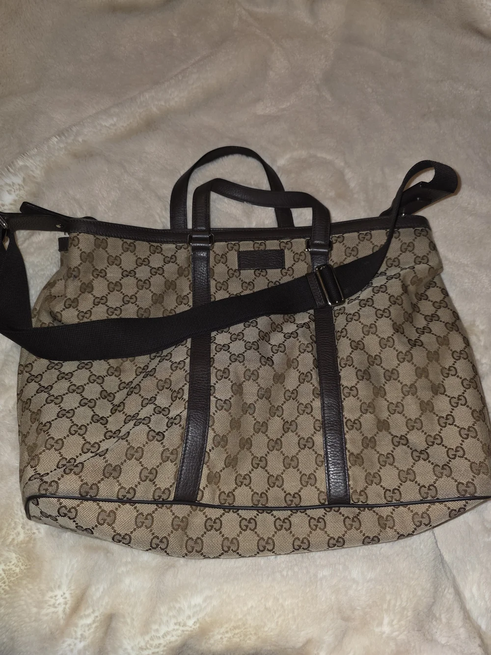 Gucci JOY  GG Canvas Tote Bag with Dark Brown Leather Trim